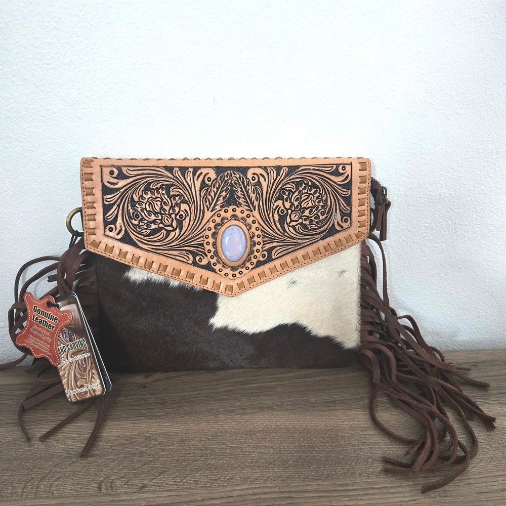 American Darling Tooled Leather Cowhide Fringe Crossbody Bag Stone Inlay NWT